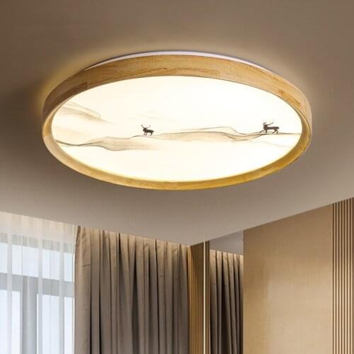 Chinese Classical Led Ceiling Lamp Study Bedroom Living Room Kitchen Art Landscape Painting Round Wooden Decorative Lighting