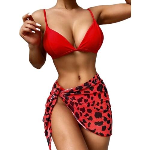 Three Piece Bikini Set 2021 New Sexy Leopard Swimsuit Womens Split Swim Suit Bathing Suit With Beach Skirts