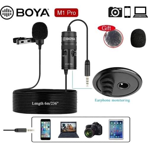 Microphone BOYA BY M1 Pro 6m Clip-on Lavalier Mini Audio 3.5mm Collar Condenser Lapel Mic for Smartphone DSLR Camcorder