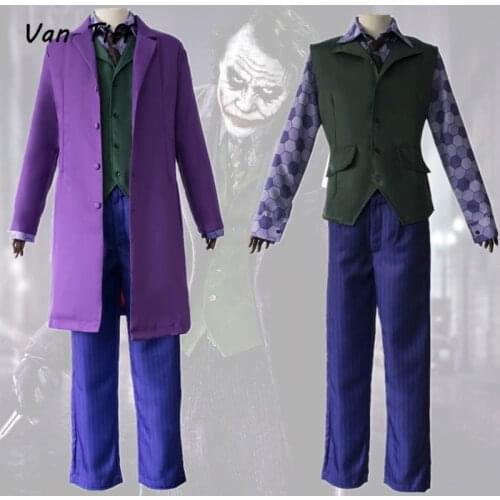 Joker Suit Heath Ledger Cosplay Clown Costume The Dark Knight Purple s Coat Shirt Pants Vest Mask Shoes