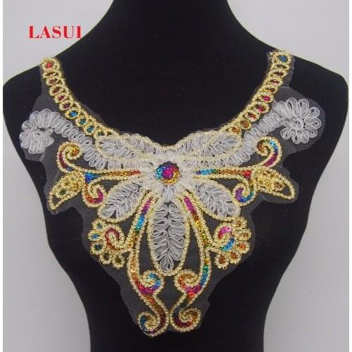LASUI high quality Color sequins + Chiffon +Gold thread embroidered lace collar beautiful For Sewing Supplies Crafts Lace 0150