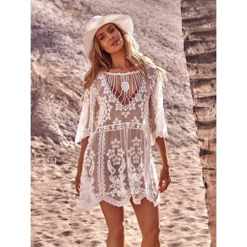 Summer Sexy Womens Lace Bikini Swimwear Cover Up Boho Lace Flower Crochet Beach Ladies White Transparent Cardigans Clothes