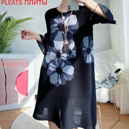 Miyake Pleated Fashion Style Printed Dress Age Reduced Trumpet Sleeve A-line Dresses Spring New Style Pleats Vestido Shein