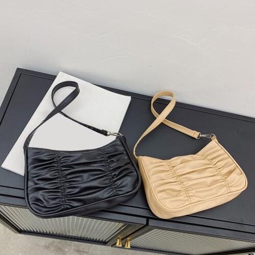 Fashion Womens Bag Vintage Pleated Pure Color PU Leather Shoulder Underarm Bag Casual Wild Ladies Small Purse Handbags