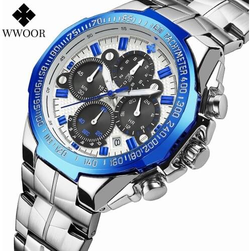 WWOOR Fashion Sports Mens Watches Top Brand Luxury Mens Quartz Watch Stainless Steel Waterproof Military Wrist Watch Man Clocks