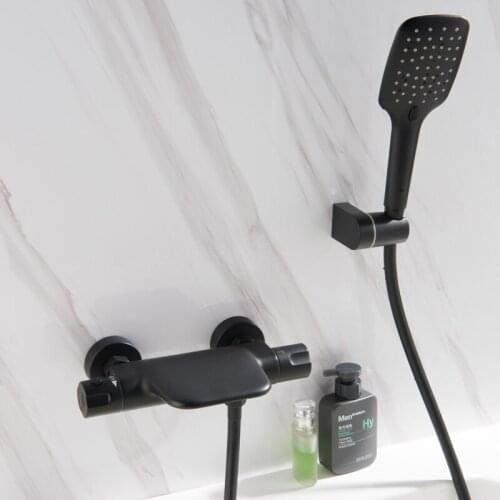Wall Mounted 38 Degree Bathroom thermostatic Bath & Shower Faucet Black Copper hand held Shower Faucet Sets Bathtub Faucet Set