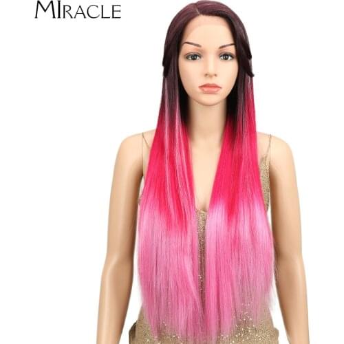 PInk Straight Wig Ombre Wig Colorful Heat Resistant 32"Inch Long Straight Lace Front Wigs For Black Women Miracle Wig