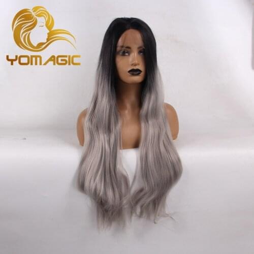 Yomagic Ombre Gray Synthetic Hair Lace Front Wigs for Women Natural Hairline Glueless Lace Wigs 1B Gray