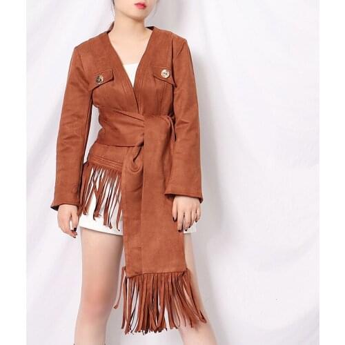 Super Chic V-neck Tassels Suede Leather Jacket Women Autumn Short Design Leather Coat with Tassels Scarf