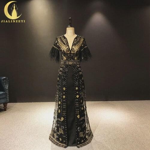JIALINZEYI Zuhair Murad Short Sleeves Beads Gold Crystal Black Feathers robes de soirée Fromal dress Evening Dresses