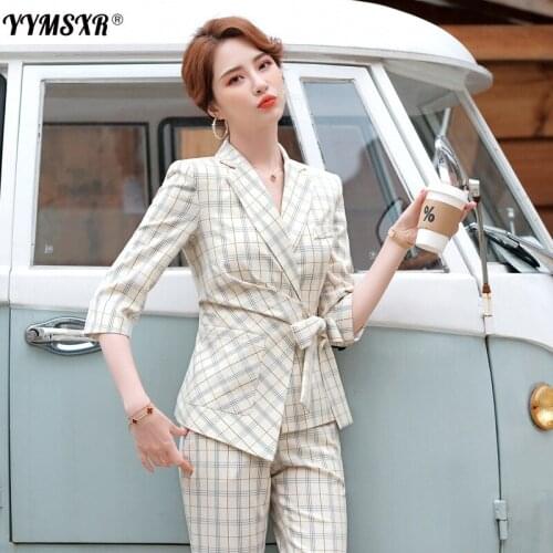 High Quality Womens Plaid Suit Pants Womens New Fashion Temperament Slim Half-sleeved Ladies Jacket Slim Cropped Trousers