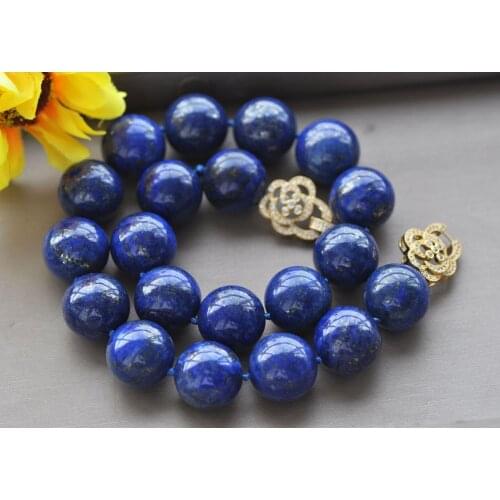 Z10988 19" 20mm Round Blue Lapis lazuli Bead Necklace CZ