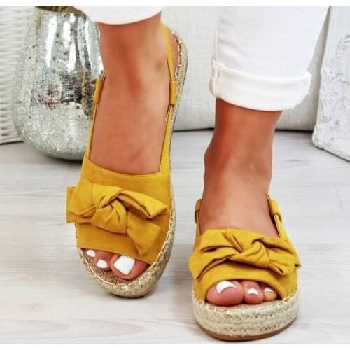 Yellow Summer Casual Bow Tie Womens Sandals Buckle Strap Flats Shoes Woman Solid Peep Toe Sandalias Mujer Fashion Zapato Mujer
