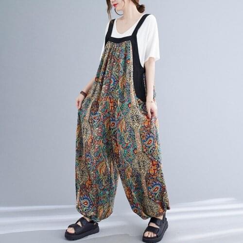 QPFJQD Ladies Cotton Jumpsuits Print Floral Loose Casual Thin Rompers New Summer Autumn Women Comfortable Soft Simple Pants