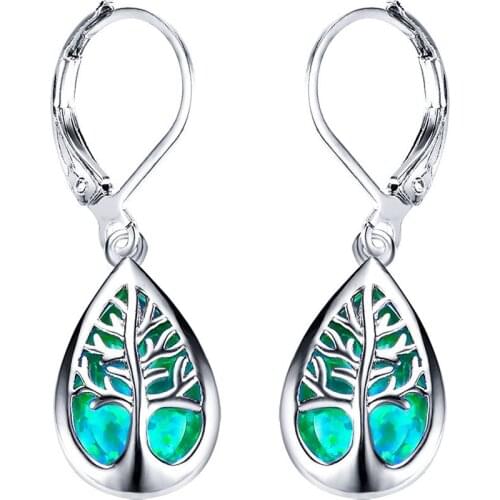 Fashion Blue Opal Drop Earrings Lovely Tree of Life Rings Womens Retro Black Rose Gold Earrings Charm Womens Jewelry