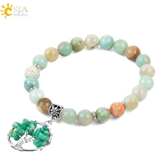 CSJA 8mm Tree of Life Natural Matte Amazonite Bracelets Yoga Mala Meditation Prayer Chip Beads for Ladies Chakra Jewellery E877