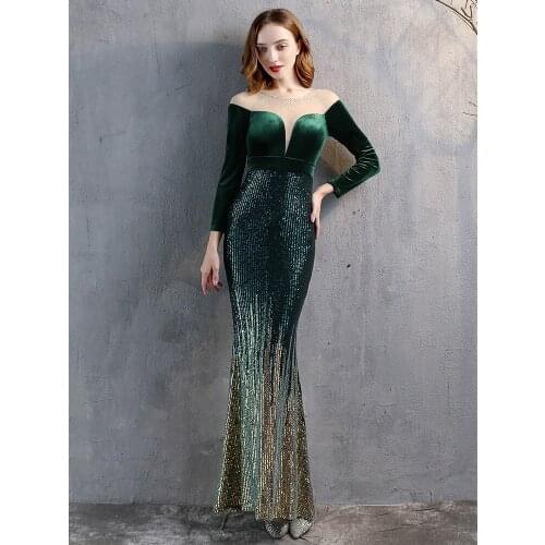 2021 New Elegant See Through Velour Evening Dress Women Long Sleeve Dress Sequin Party Dress