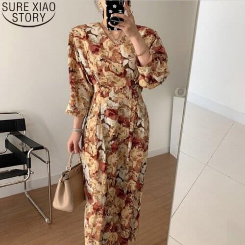 Korean V-neck High Waist Vintage Long Dress Ink Painting Floral Print Dresses Women Orange Elegant Midi Vestidos Feminino 12798