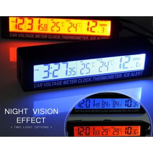 12V/24V Red/Orange Backlight Car Digital LCD Display Clock,indoor/outdoor Thermometer,Voltage Meter Battery Monitor Universal