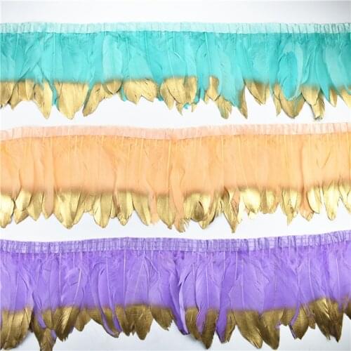 2Meters Gold Silver Dipped Goose Feathers Trim on Tape Fringe Ribbon 15-20CM Feather for Crafts Dress Clothing Wedding Plumes