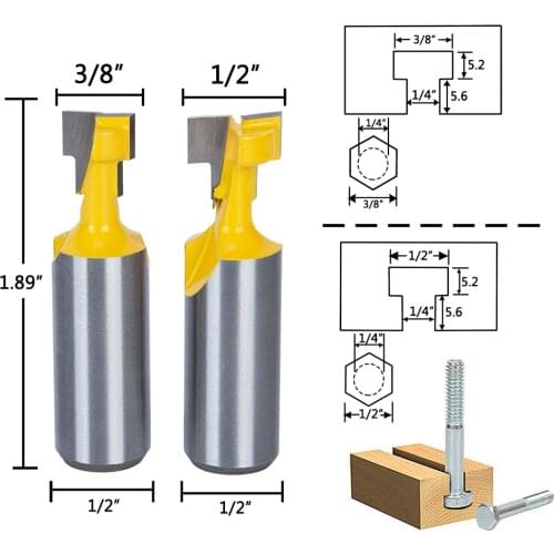 2Pcs Cutting Carbide Tipped Yellow Keyhole Router Bit Cutter 3/8-Inch and 1/2-Inch Cutting Diameter 1/2 Inch Shank