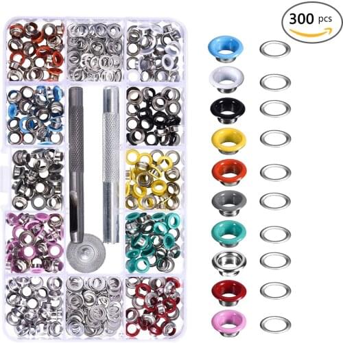 300PCS 5MM Metal Eyelet Buckles + Mounting Tools Grommets Rivets Replacement Colorful Buckle Laces Eye Hole Leather DIY Craft