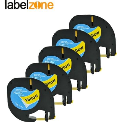 5PACK 12mm Black on Yellow Compatible Dymo Letratag 91202 Plastic Tapes LT 91202 Ribbon Label for DYMO Letra Tag Label Maker