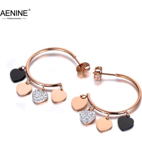 AENINE Bohemia Style Titanium Stainless Steel Love Heart Earrings Trendy Rhinestone Party Earrings Jewelry For Women AE19316