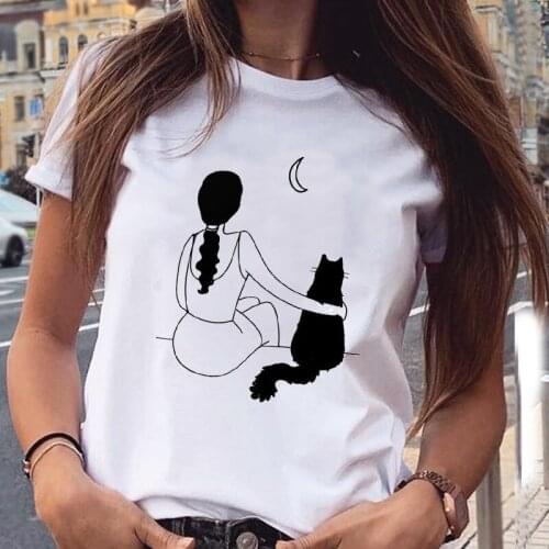 Women Graphic Cartoon Cat Sweet Casual Fashion Aesthetic Animal Short Sleeve Print Female Clothes Tops Tees Tshirt T-Shirt