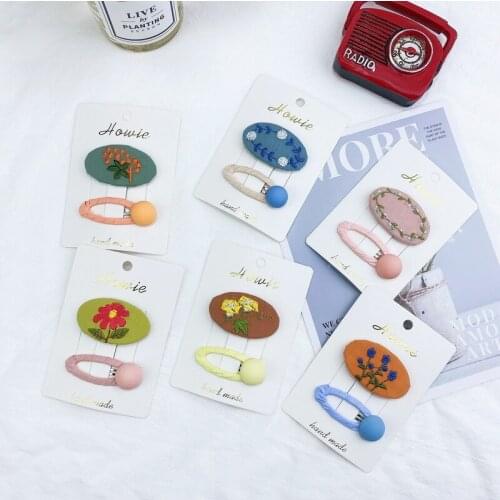 Korean childrens fabric forest flower embroidery oval BB clip candy color beanie bangs clip girl hairpin