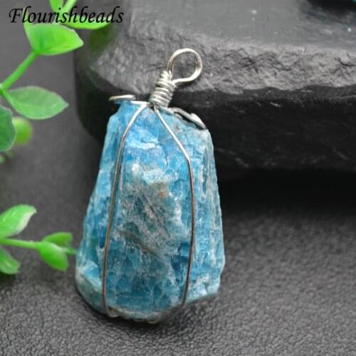 Blue Color Natural Stone Pendant Wire Winding Irregular Rough Raw Gemstone DIY Necklace for Woman Man Jewelry Making Supplies