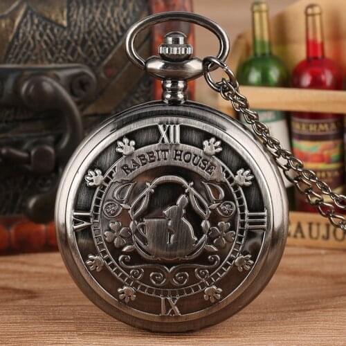 Retro Grey Alice in Wonderland Theme Rabbit House Display Quartz Pocket Watch Vintage Necklace Pendant Watch Chain Gifts Hours