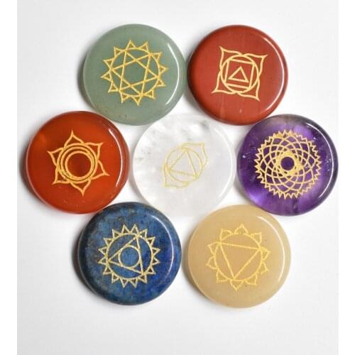 Fashion No hole mix Natural stone seven chakras patten carved round pendants for elry accessories making 7pcs/lot wholesale