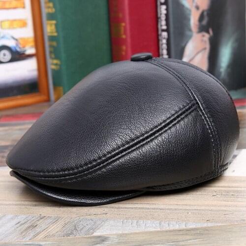 Mens Cap Leather Hat Winter Warm Thick Beret Sheep Skin Ear Protectors Middle-aged Peaked Cap Mens Hat Stylish and Handsome