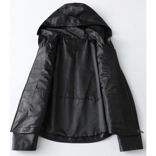New Wool Leather Jacket Women Sheep Skin hooded Black coat spring 2021 fashion Leather Jacket Women Coat