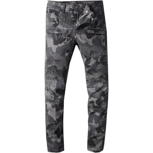 New mens male fashion casual camouflage printed biker jeans for motorcycle Military pleated slim stretch denim pants trousers