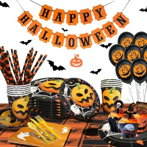 Halloween Party Disposable Tablewares Paper Plates Cups Banner Decoration Halloween Decoration Supplier