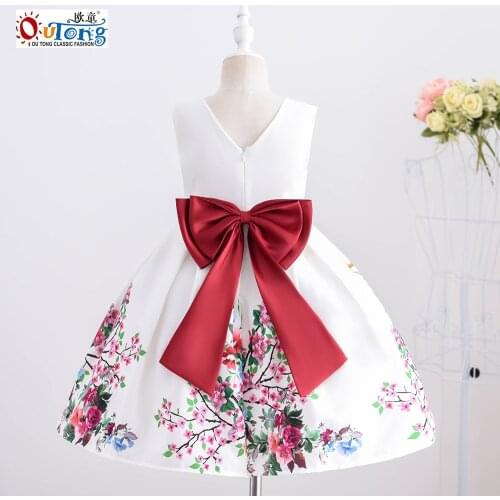 Outong Casual Dresses Kids Girl Print V Back Design White Dress Big Bow Sleeveless Children Clothes Girl Dresses Summer Cotton