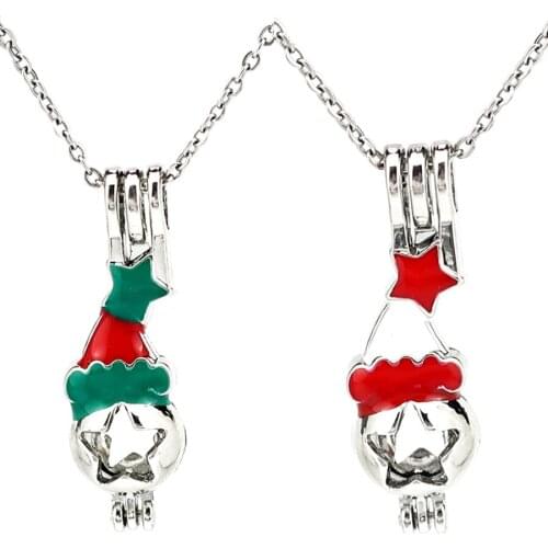 Lovely Colors Enamel Christmas Hats Star Beads Cage Locket Pendant Perfume Diffuser Pearl Cage Necklace