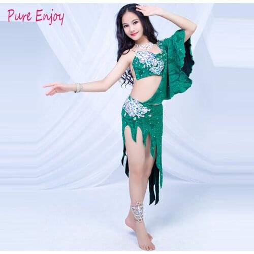 Luxury Diamond Silk Dress Girl Belly Dance Costume Set Bra+skirt 2pcs Kids Stage Performance Skirt Red green Free Shipping