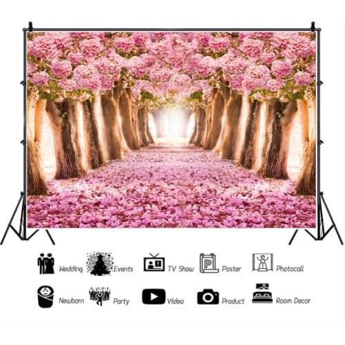Pink Flowers Trees Covered with Flowers Road Couples Wedding Decoration Background Studio Photography Photos Can Be Customized