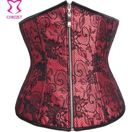 Sexy Erotic Floral Lace Red Underbust Front Zipper Corset Burlesque Waist Trainer Bustier Korsett For Women Corpetes Corseletes