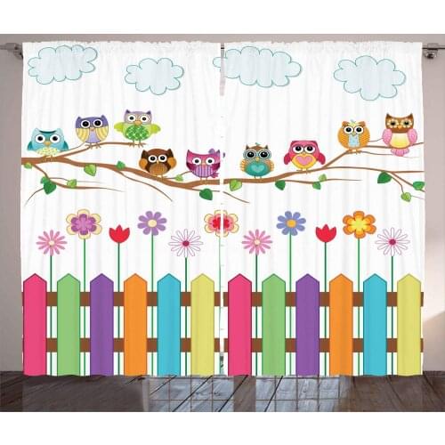 Owls Home Decor Curtains Owls On A Branch Sunny Day Countryside Farmhouse Fences Wildflowers Holidays Living Room Bedroom Decor