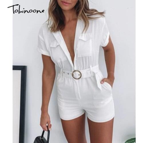 Tobinoone Women Casual Pockets Rompers Buttons Short Sleeve Turn Down Neck Bandage Jumpsuit Summer Ladies Solid Overalls
