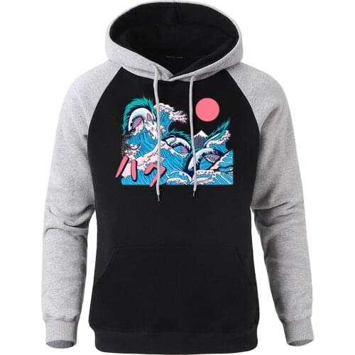 Cyan Dragon In The Sea Pattern Man Sweatshirt Japanese Street Print Hoodies For Man Hip Hop Street Raglan Male Hoodie