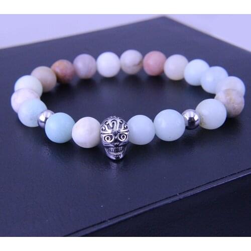 Wonlee Winle 8.5mm Nature Color Stone Beaded Stretch Bracelets for Men&Women Stainless Steel Skull Charms Strand Bracelet