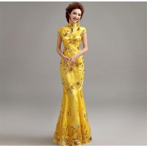 Yellow Lace Mermaid Chinese Style Cheongsam Dress Long Qipao Women Elegant Dress Plus Size Vestidso Vintage Bride Wedding Gown