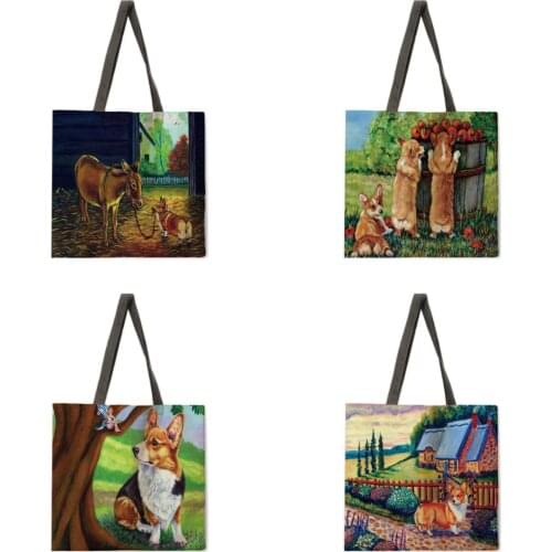 Ladies shoulder bag linen fabric bag leisure foldable shopping bag idyllic corgi print tote bag female outdoor beach bag