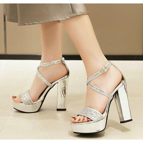 2020 Summer Women Shoes Platform Thick High Heel Women Sandals Fashion Buckle Bling Women Party Shoes PU Leather Big Size 34-43