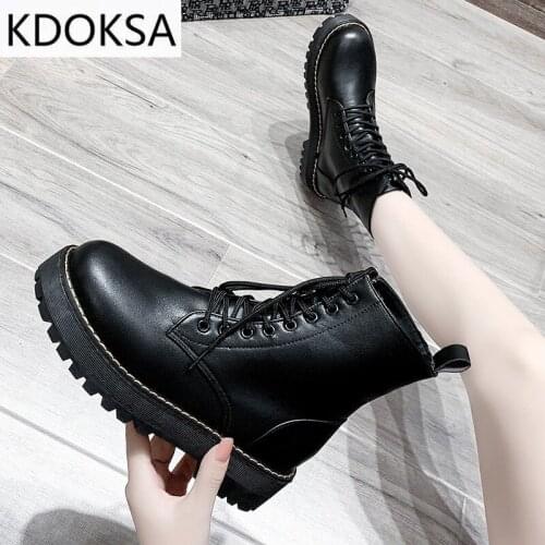 2021 Winter Fashion Womens Boots Lace Up Calf Round Head Womens Martin Boots Black Mid Heel Square Heel PU Women Shoes